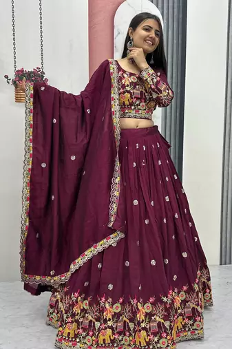 Plum Color Embroidery Coding Thread Chinon Lahenga Choli Set