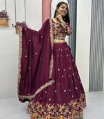 Plum Color Embroidery Coding Thread Chinon Lahenga Choli Set