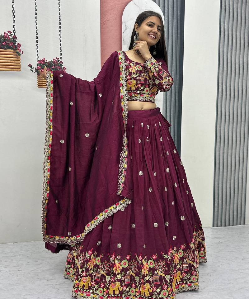 Plum Color Embroidery Coding Thread Chinon Lahenga Choli Set