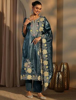 Teal color barsana silk pakistani style salwar suit 1