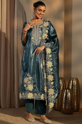 Teal color barsana silk pakistani style salwar suit