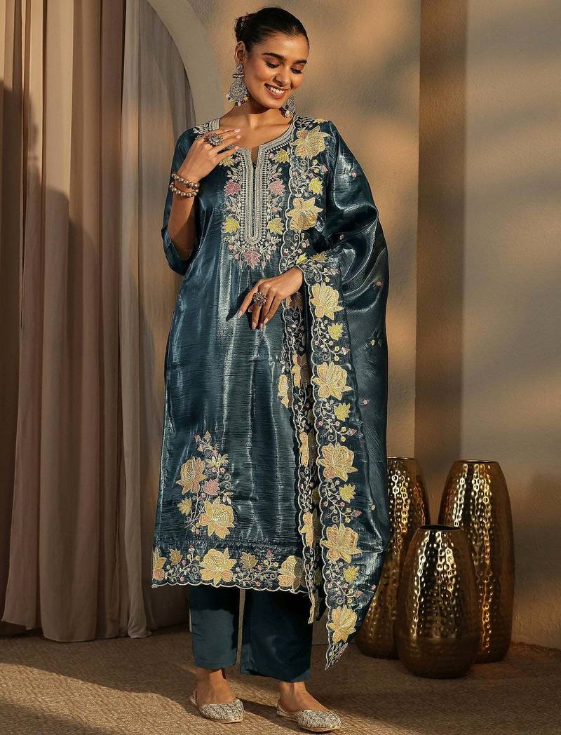 Teal color barsana silk pakistani style salwar suit