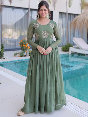 Fascinating Green Bead Work Georgette Mehendi Wear Gown 1