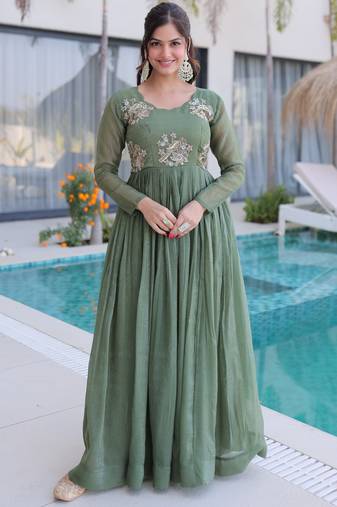 Fascinating Green Bead Work Georgette Mehendi Wear Gown