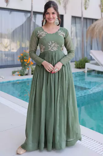 Fascinating Green Bead Work Georgette Mehendi Wear Gown