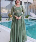 Fascinating Green Bead Work Georgette Mehendi Wear Gown