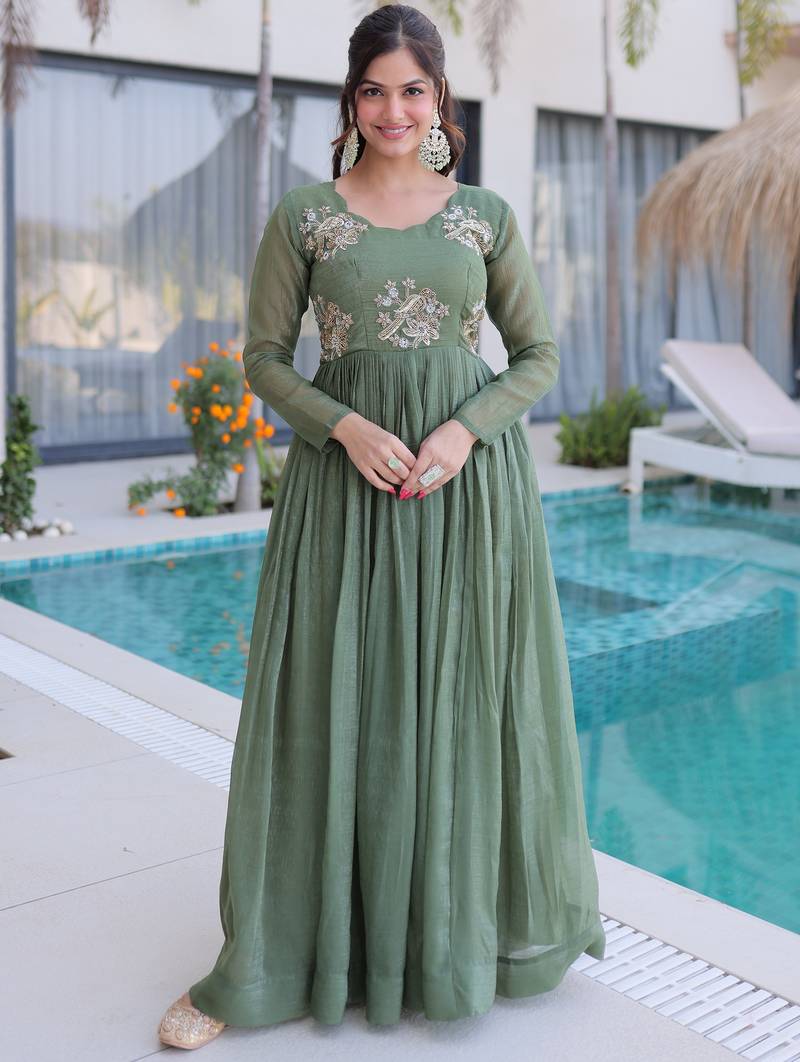 Fascinating Green Bead Work Georgette Mehendi Wear Gown