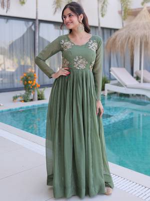 Fascinating Green Bead Work Georgette Mehendi Wear Gown 3