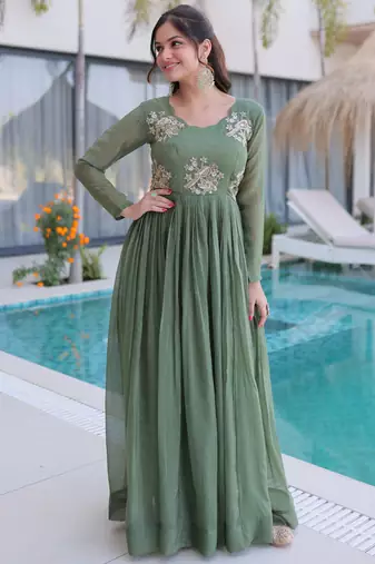 Fascinating Green Bead Work Georgette Mehendi Wear Gown