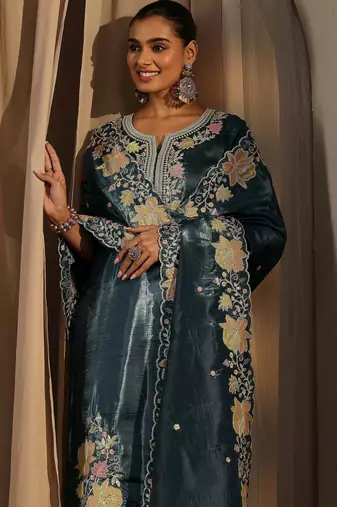 Teal color barsana silk pakistani style salwar suit