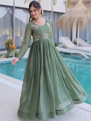 Fascinating Green Bead Work Georgette Mehendi Wear Gown 4