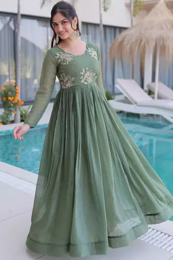 Fascinating Green Bead Work Georgette Mehendi Wear Gown