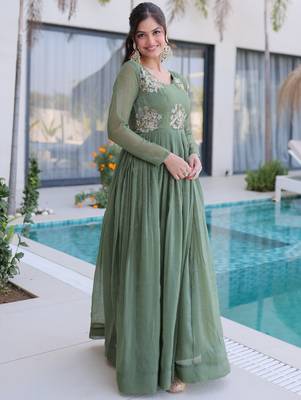 Fascinating Green Bead Work Georgette Mehendi Wear Gown 5