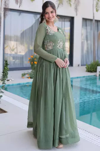 Fascinating Green Bead Work Georgette Mehendi Wear Gown