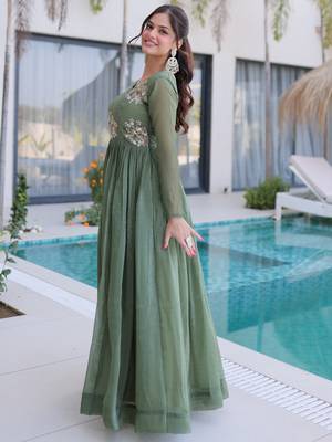 Fascinating Green Bead Work Georgette Mehendi Wear Gown 6