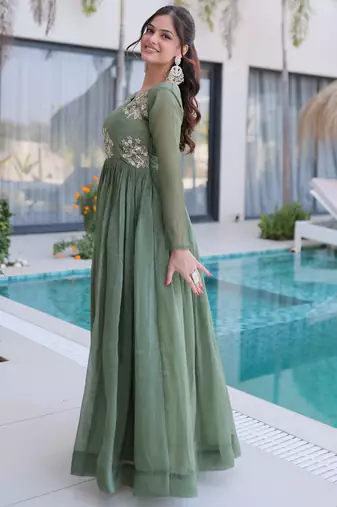Fascinating Green Bead Work Georgette Mehendi Wear Gown