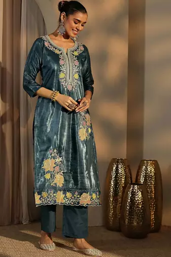 Teal color barsana silk pakistani style salwar suit