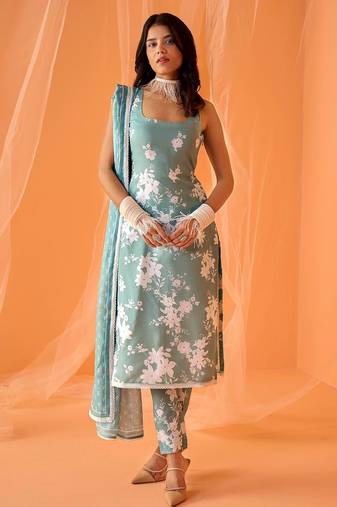 Sea green color designer chinnon silk digital print kurt