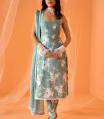 Sea green color designer chinnon silk digital print kurt
