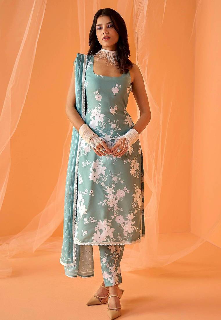 Sea green color designer chinnon silk digital print kurt