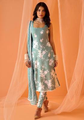 Sea green color designer chinnon silk digital print kurt 2