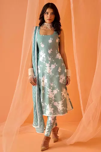 Sea green color designer chinnon silk digital print kurt