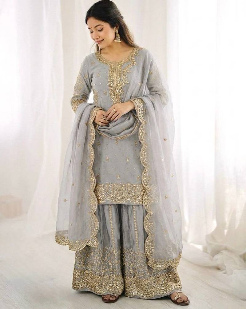 Grey color fendy silk embroidery work wedding wear salwar suit