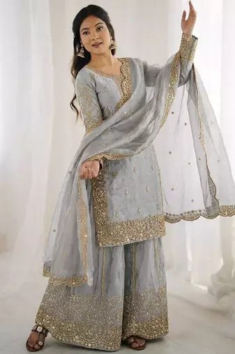 Grey color fendy silk embroidery work wedding wear salwar suit