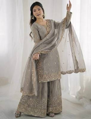 Grey color fendy silk embroidery work wedding wear salwar suit 3