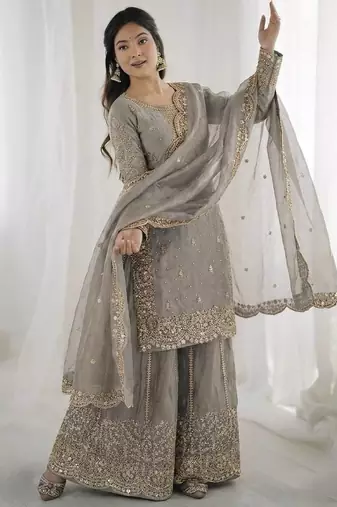 Grey color fendy silk embroidery work wedding wear salwar suit