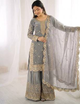 Grey color fendy silk embroidery work wedding wear salwar suit 4