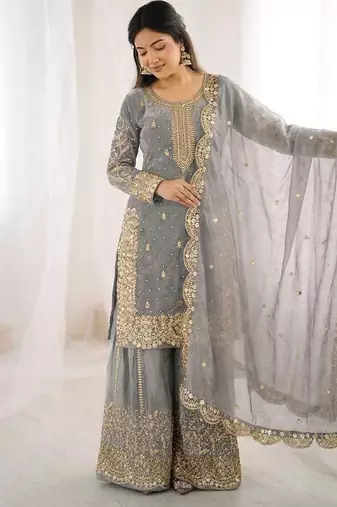Grey color fendy silk embroidery work wedding wear salwar suit