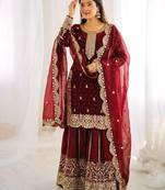 Maron color fendy silk embroidery work wedding wear salwar suit