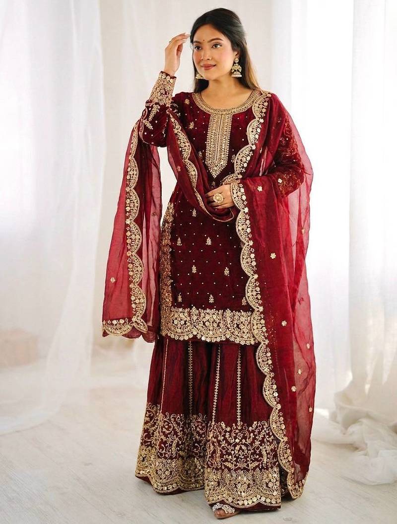 Maron color fendy silk embroidery work wedding wear salwar suit