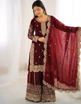 Maron color fendy silk embroidery work wedding wear salwar suit 2