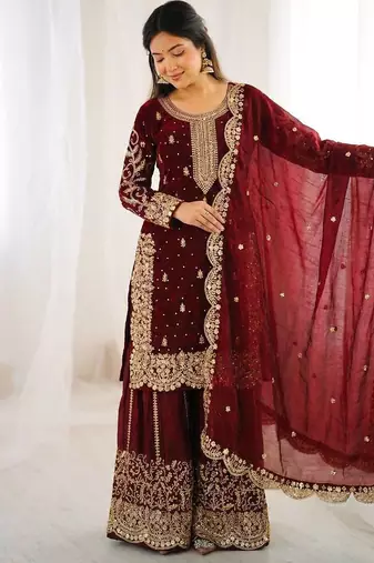 Maron color fendy silk embroidery work wedding wear salwar suit