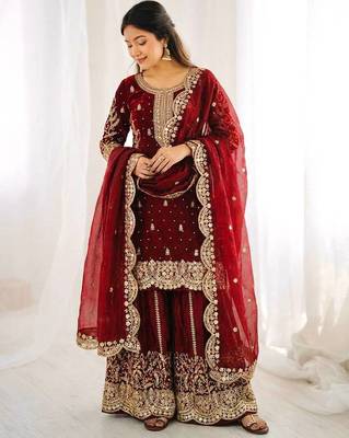 Maron color fendy silk embroidery work wedding wear salwar suit 3