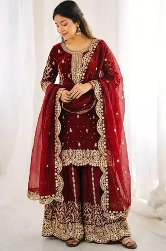 Maron color fendy silk embroidery work wedding wear salwar suit