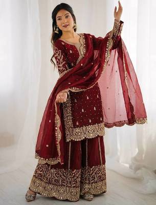 Maron color fendy silk embroidery work wedding wear salwar suit 4