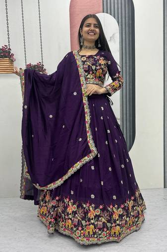 Purple Color Embroidery Coding Thread Chinon Lahenga Choli Set