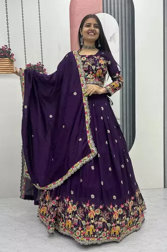Purple Color Embroidery Coding Thread Chinon Lahenga Choli Set