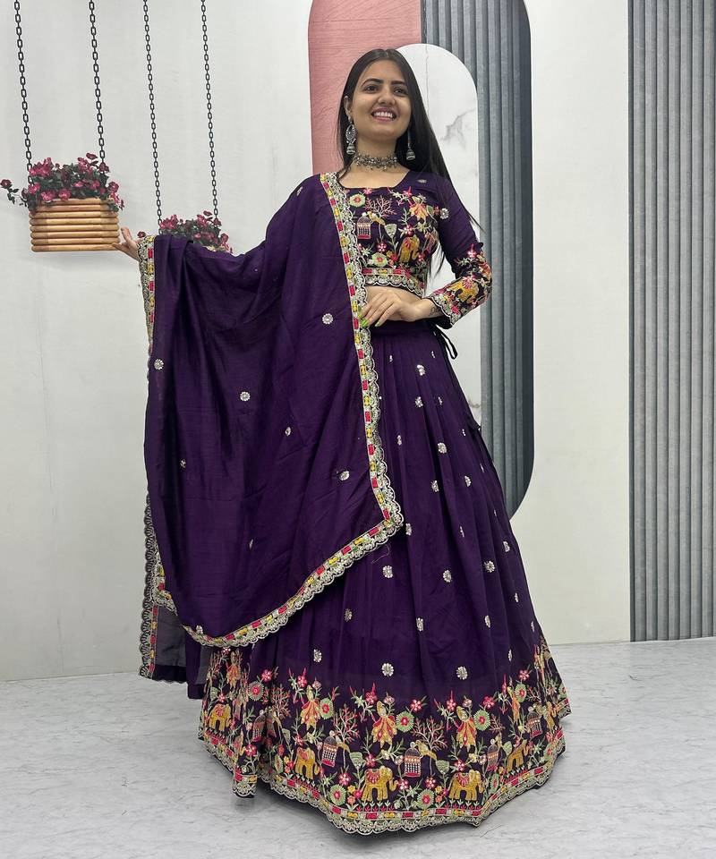 Purple Color Embroidery Coding Thread Chinon Lahenga Choli Set