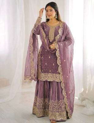 Onion color fendy silk embroidery work wedding wear salwar suit 1