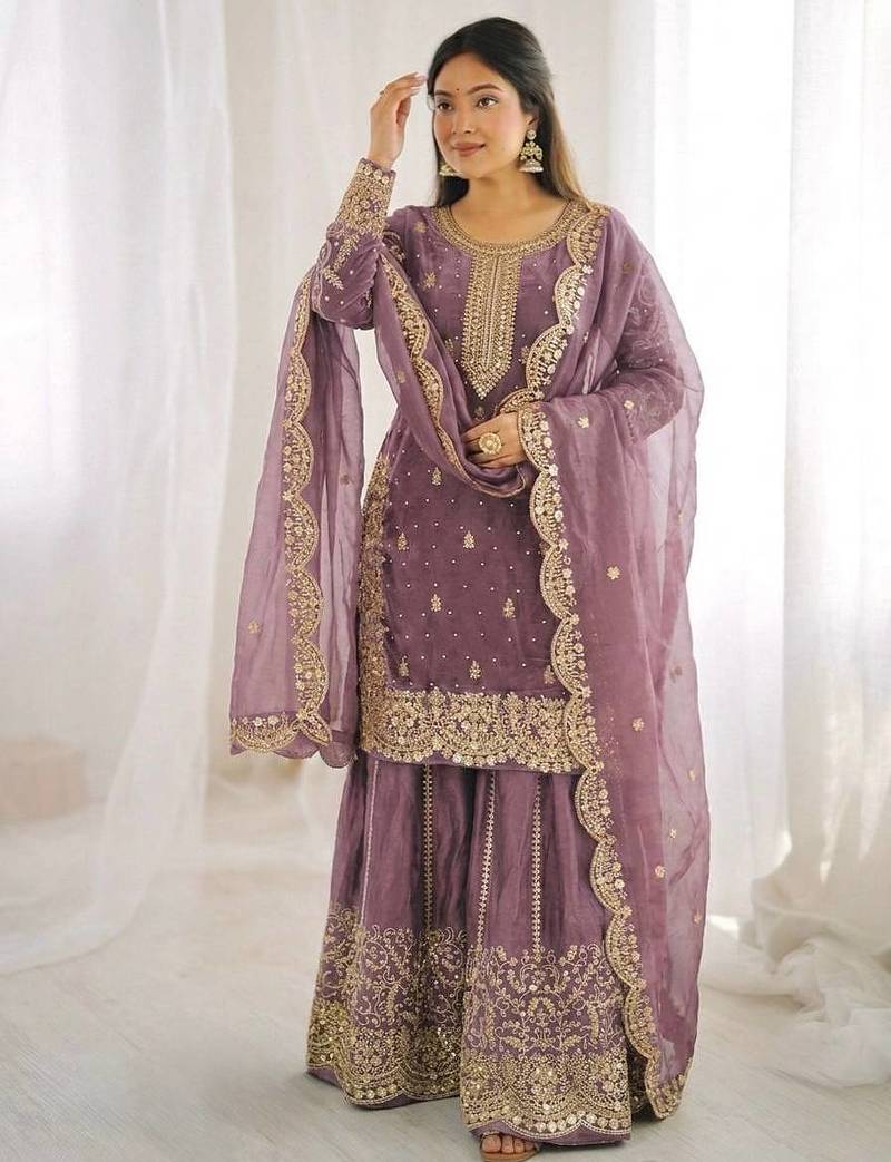 Onion color fendy silk embroidery work wedding wear salwar suit
