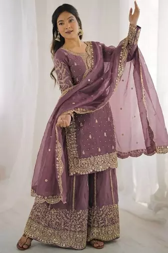 Onion color fendy silk embroidery work wedding wear salwar suit