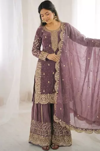 Onion color fendy silk embroidery work wedding wear salwar suit