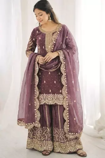 Onion color fendy silk embroidery work wedding wear salwar suit