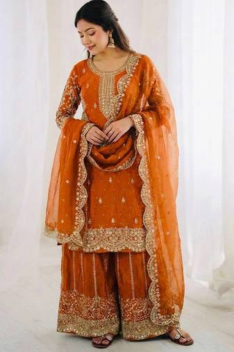 Orange color fendy silk embroidery work wedding wear salwar suit
