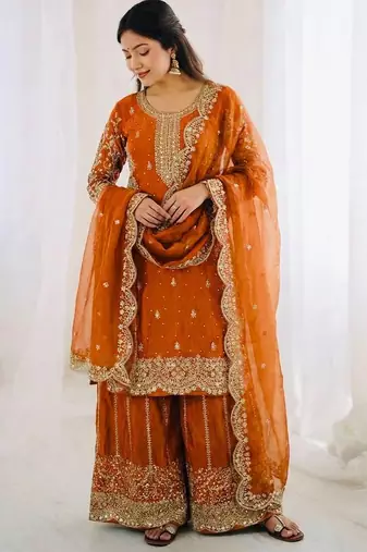 Orange color fendy silk embroidery work wedding wear salwar suit