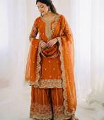 Orange color fendy silk embroidery work wedding wear salwar suit